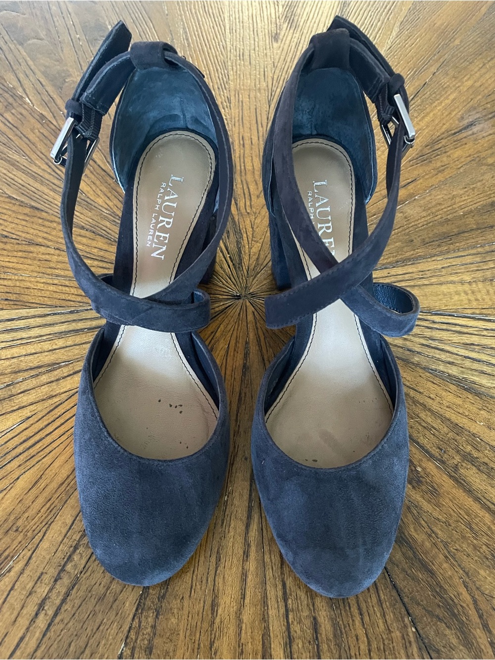 Lauren Ralph Lauren Gray Suede Crisscross Ankle Strap Heels